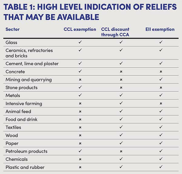 TABLE 1: HIGH LEVEL INDICATION OF RELIEFS THAT MAY BE AVAILABLE