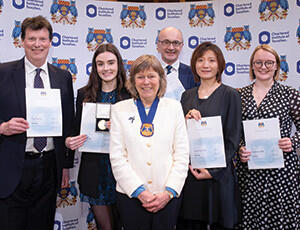 The new Fellows: Paul Brice, Michael McGowan, Xiaoshan Sun and Catherine Hill with Alex Gear (Prizewinner: Victor Durkacz Medal, November 2023 (second left)) and Charlotte Barbour (CIOT President).