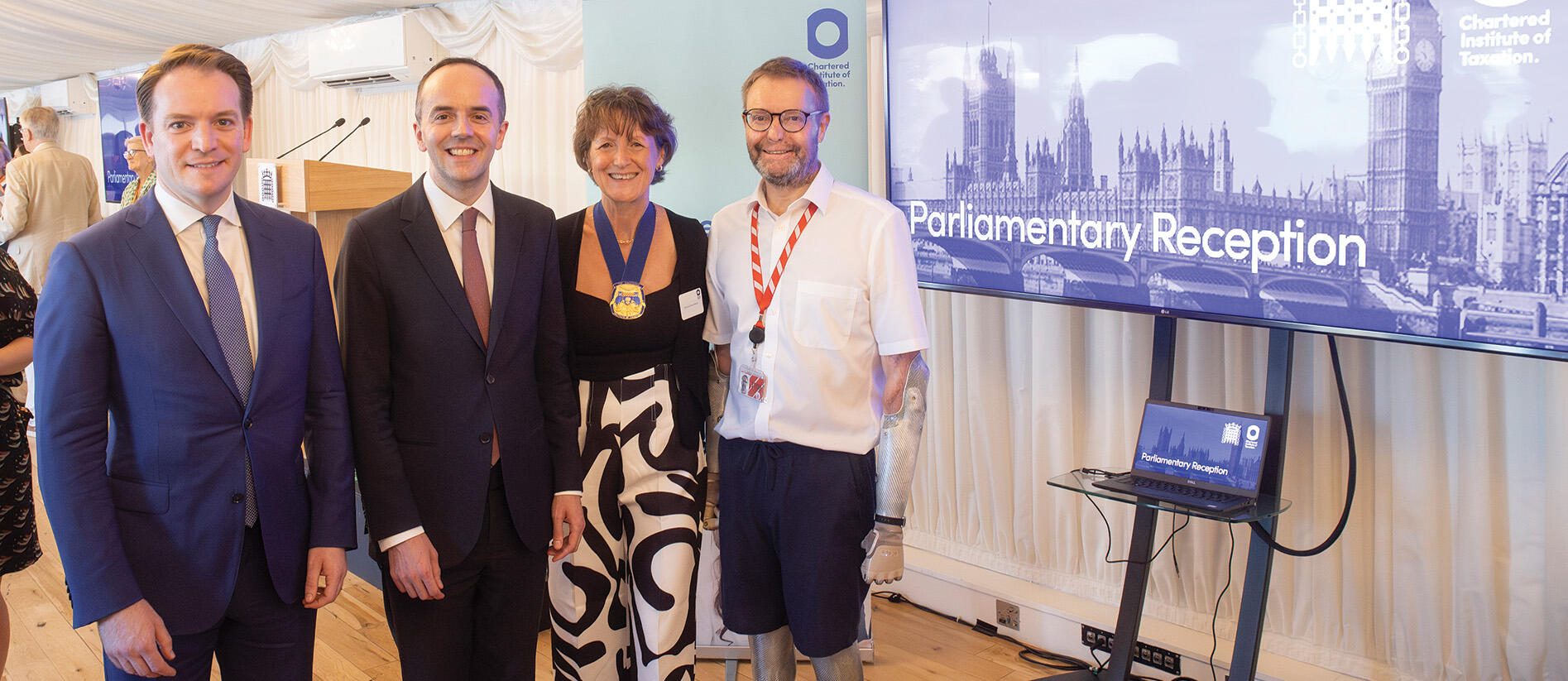 Shadow Financial Secretary Gareth Davies MP, Exchequer Secretary James Murray MP, CIOT President Nichola Ross Martin and parliamentary sponsor Lord Mackinlay of Richborough