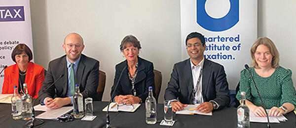 The Labour conference debate featured (left to right) Emma Chamberlain (CIOT), Lloyd Hatton MP, Nichola Ross Martin (chair), Arun Advani (CenTax) and Gemma Tetlow (IfG)