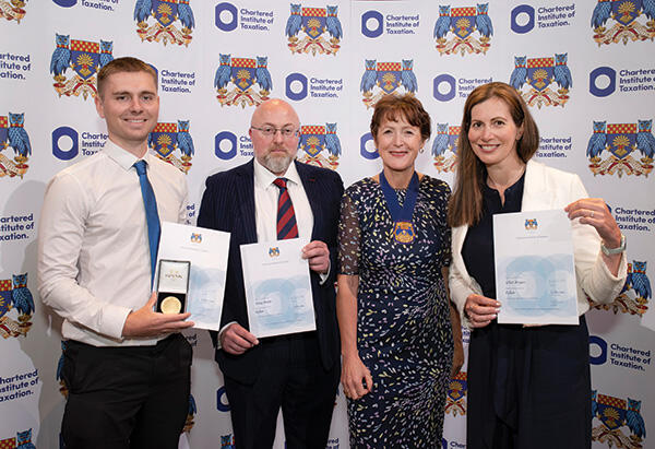 The new Fellows: James Davin and Ellen Milner with Thomas Yarwood (Wreford Voge Medal, May 2024) (first left) and Nichola Ross Martin (CIOT President)