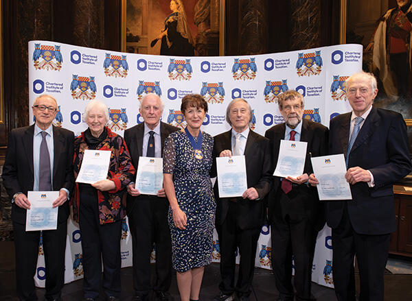 The 50 Year Members: Peter Daveney, Elizabeth Anfield, Ian Whiteman, Nichola Ross Martin (CIOT President), Howard Fox, Christopher Stratton and Michael Percy